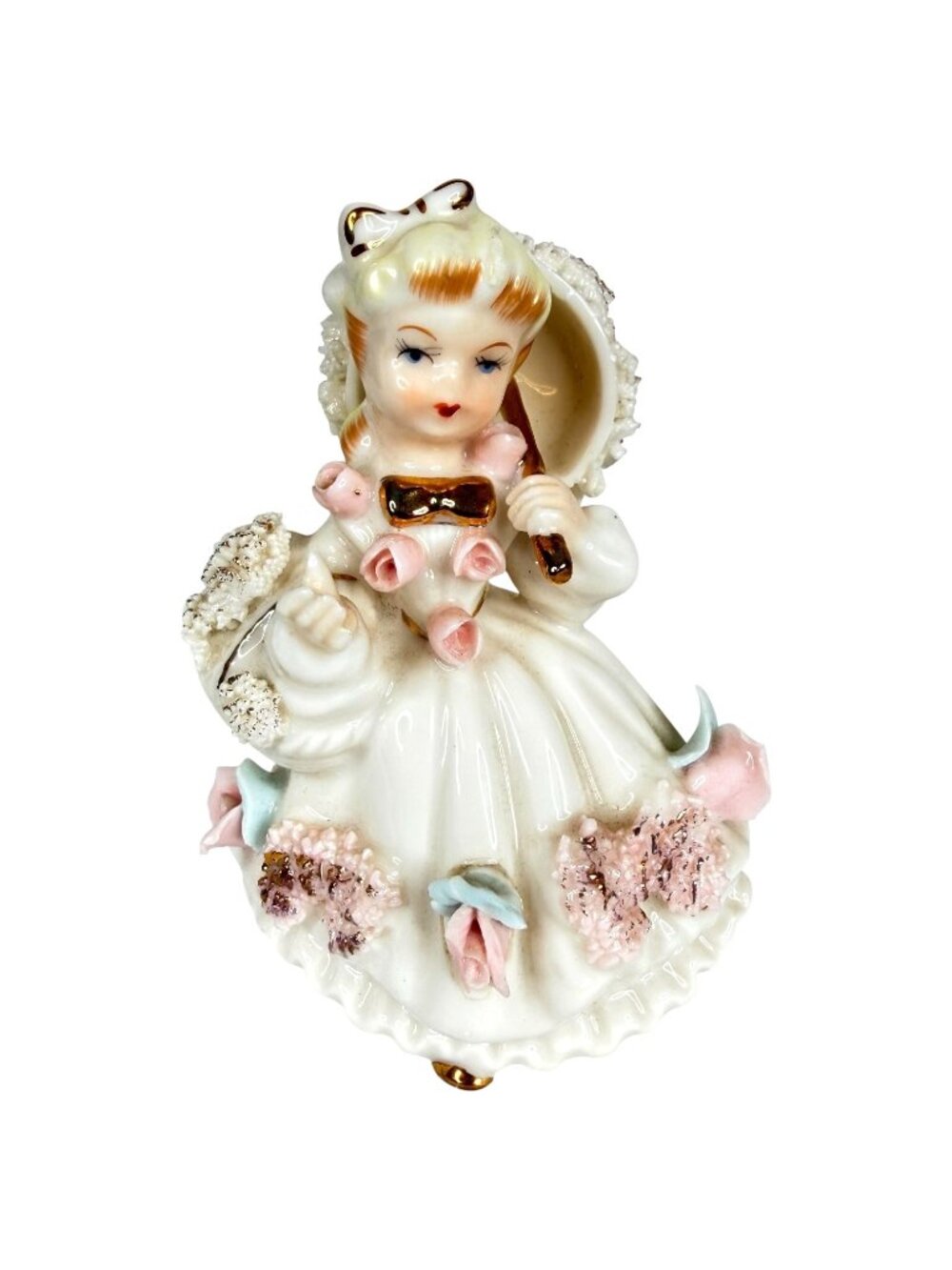 VTG Lefton Girl With Parasol Porcelain Figurine Spaghetti Trim Gold Accent Japan